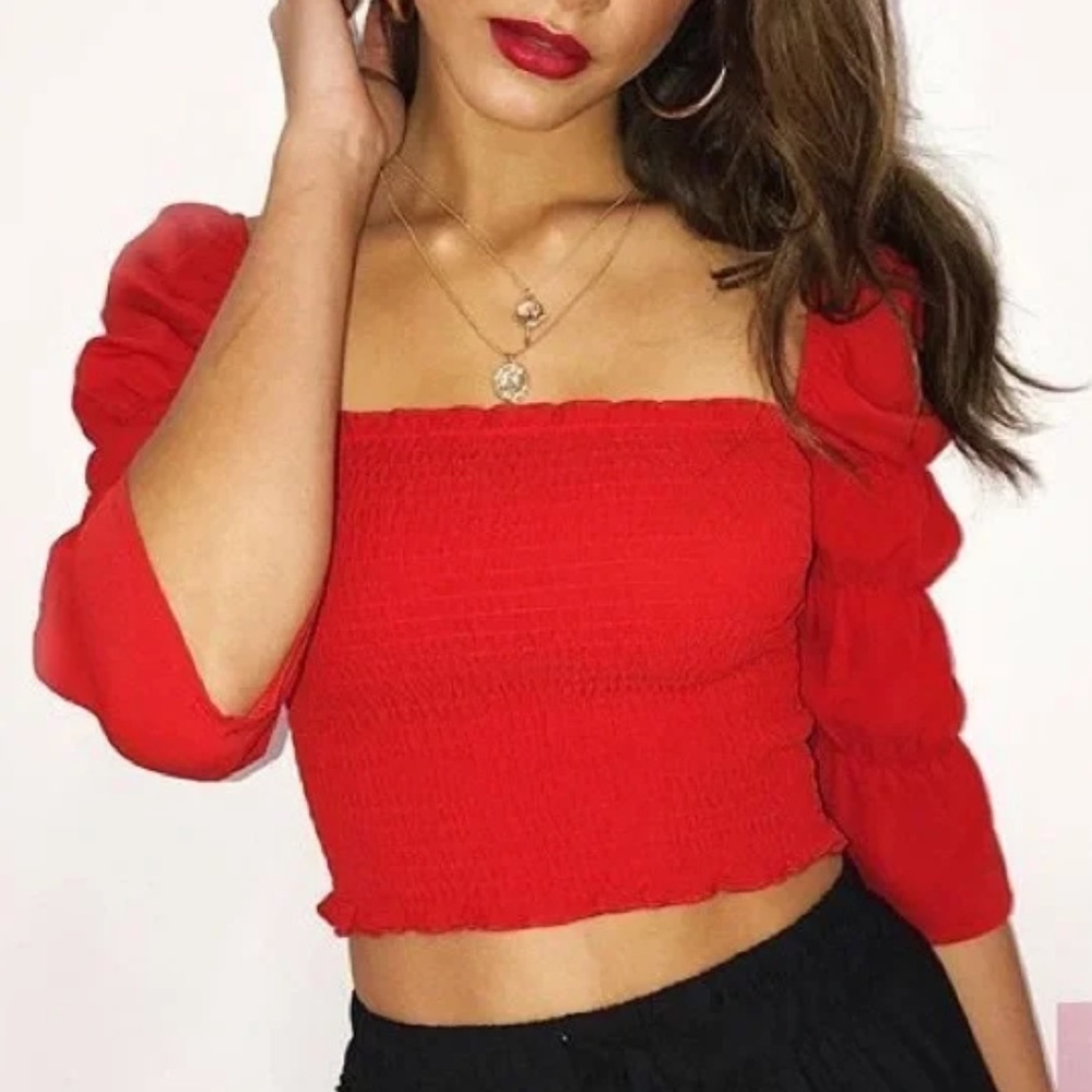 𝅺Princess Polly cottagecore smocked ruched off shoulder bubble sleeve crop top